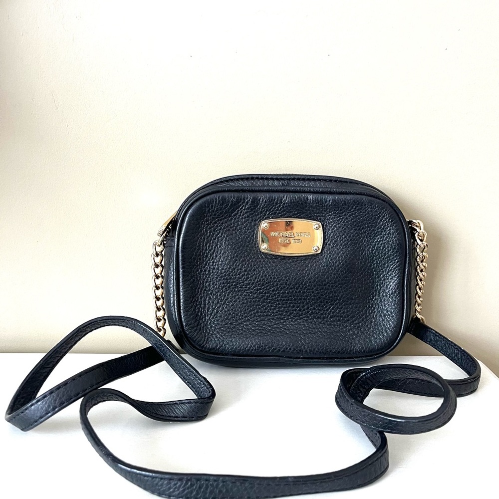 Michael Kors Small Black Pebbled Leather Crossbody Bag with Signature Gold Plate